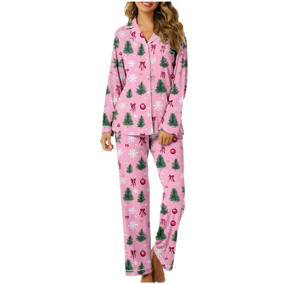 Riecok Christmas Pajamas for Women Plus Size Long Sleeve Xmas Tree Printed Button up Shirt and Wide Leg Pant Holiday Loungewear Outfits