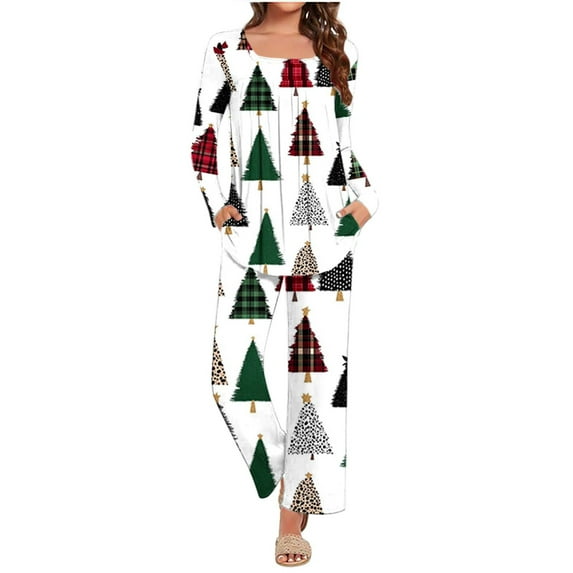 Riecok Christmas Pajamas for Women Plus Size Long Sleeve Xmas Tree Printed Tops and Wide Leg Pant Cozy Nightwear Loungewear