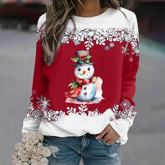 Riecok Christmas Pullover Hoodies for Women Long Sleeves Round Neck Wintertime Christmas Funny Graphic Comfy Loose Oversized Fashion Soft Blouse Red S