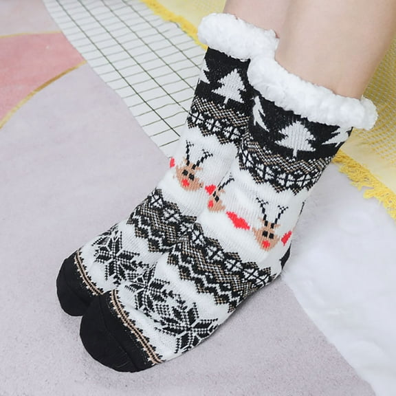 Riecok Christmas Socks for Women Thick Thermal Cushioned Non Slip Grip Crew Socks Mid Calf Stretched Plush Warm Sleeping Socks for Everyday Wear
