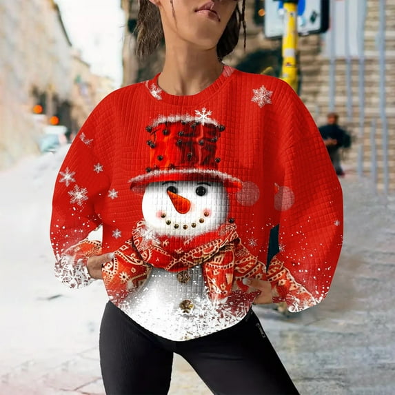 Riecok Christmas Sweatshirts for Women Long Sleeves Crewneck Fall Christmas Funny Graphic Outfit Holiday Sweatshirts Comfy Loose Pullover Hoodless Tops Red L