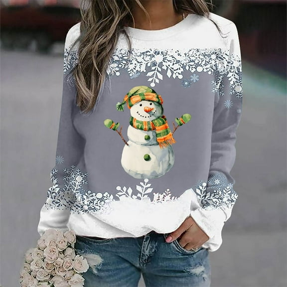 Riecok Christmas Women's Hooded Sweatshirt Long Sleeves Crewneck Winter and Fall Christmas Funny Graphic Comfortable Loose Oversized Soft Blouse Tops Gray M