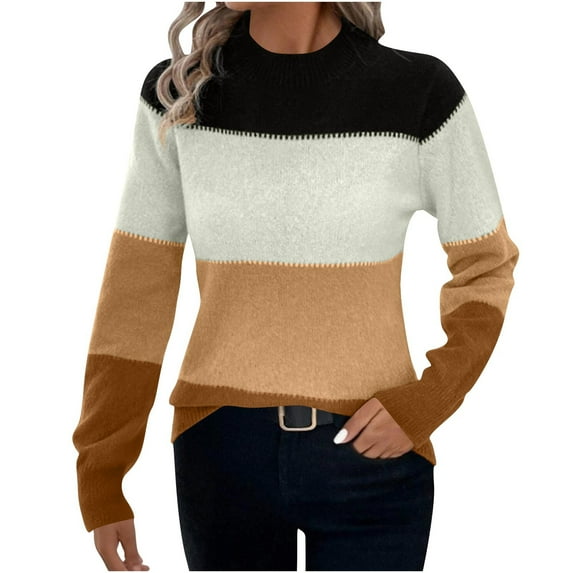 qelini Color Block Sweater for Women Crewneck Pullover Sweaters Long Sleeve Knitted Tops Dressy Warm Blouses
