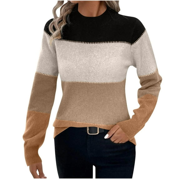 qelini Color Block Sweater for Women Crewneck Pullover Sweaters Long Sleeve Knitted Tops Dressy Warm Blouses