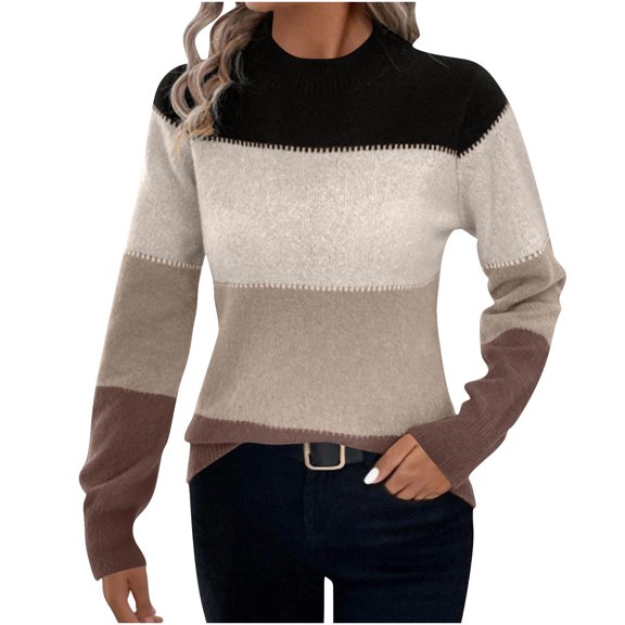qelini Color Block Sweater for Women Crewneck Pullover Sweaters Long Sleeve Knitted Tops Dressy Warm Blouses