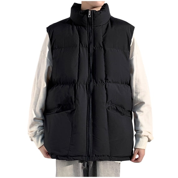 Riecok Cotton Vest for Men Stand up Collar Sleeveless Hooded Jackets Zip up Coats with Pockets Warm Comfortable Outerwear