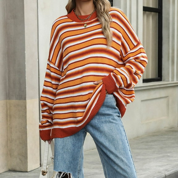 Riecok Crewneck Sweaters for Women Long Sleeves Striped Sweater Oversized Fall and Winter All-match Casual Fashion Knit Tops Sweaters Orange XL