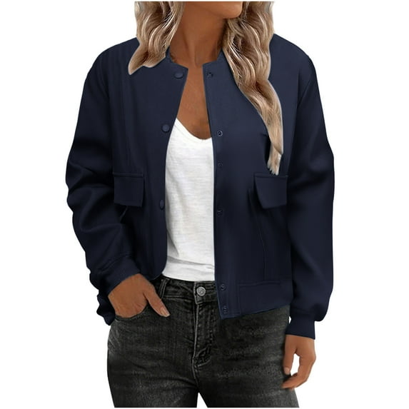 Riecok Cropped Jackets Women Lapel Long Sleeve Jackets Button Down Coats with Pockets Solid Color Clothes