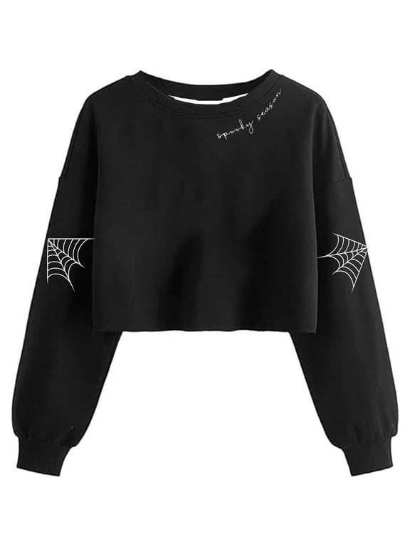 Cropped Sweatshirts for Women Halloween Spider Print Pullover Long Sleeve Spooky Season Crewneck Tops Casual Fall Clothes