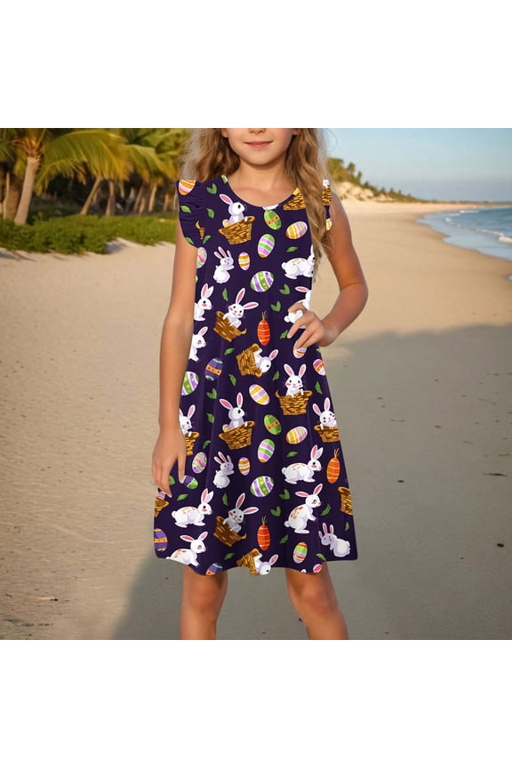 Custom Easter Baby Clothing Sleeveless Cotton Dress Bunny Egg Patterns Design Multicolor 4 Years