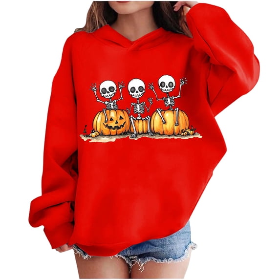 Riecok Cute Hoodies for Kids Halloween Skeleton Print Hooded Pullover Long Sleeve Spooky Season Sweatshirt Casual Fall Clothes