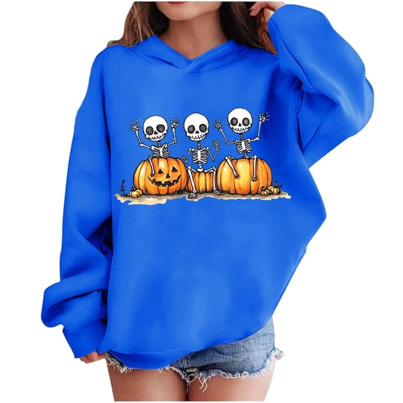 Riecok Cute Hoodies for Kids Halloween Skeleton Print Hooded Pullover Long Sleeve Spooky Season Sweatshirt Casual Fall Clothes
