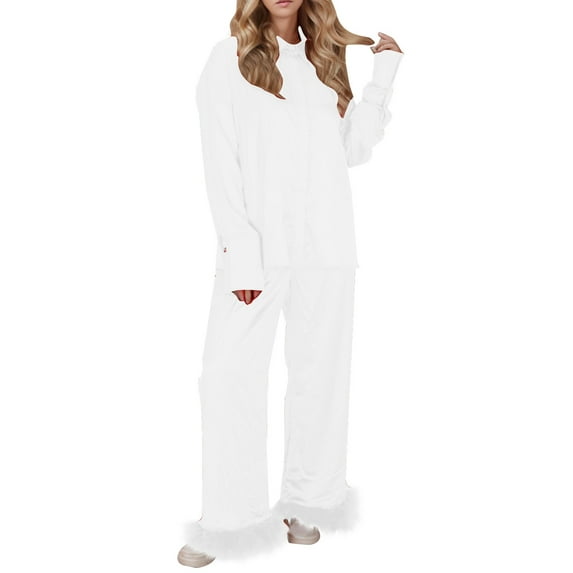 Riecok Cute Pajama Sets for Women Crewneck Loungewear Set Long Sleeve Tops and Wide Leg Pants Solid Cozy Soft Sleepwear