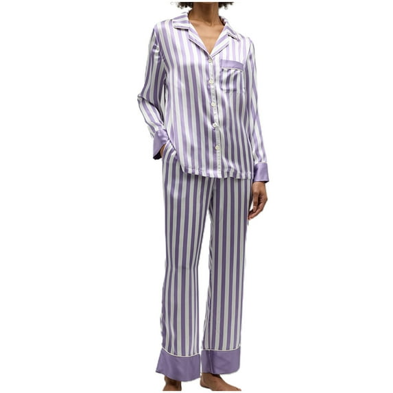 Riecok Cute Pajama Sets for Women Lapel Loungewear Set Long Sleeve Tops and Pants Striped Baggy Cozy Sleepwear