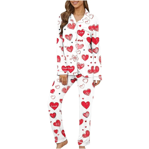 Riecok Cute Pajama Sets for Women Valentine's Day Long Sleeve Button down Shirts and Pants Heart Print Cozy Soft Sleepwear