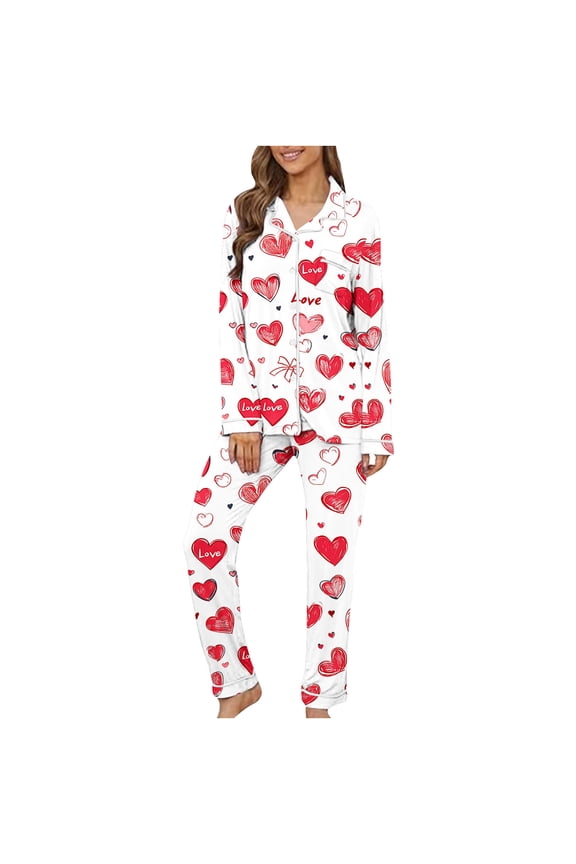 Cute Pajama Sets for Women Valentine's Day Long Sleeve Button down Shirts and Pants Heart Print Cozy Soft Sleepwear