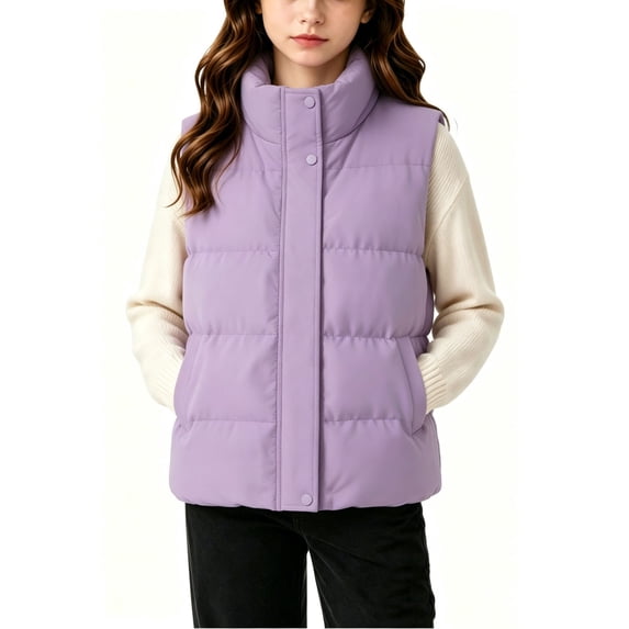 Riecok Down Vest Kids Sleeveless Stand Collar Zip up Quilted Jackets Thermal Solid Warm Winter Outerwear Purple 11-12T