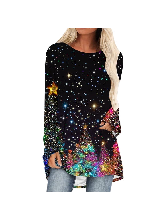 Dressy Shirts for Women Plus Size Round Neck Tunic Tops Snowflake Print Raglan Sleeve Blouses Casual Fall Clothes