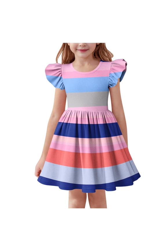 Easter Dresses for Girls Crewneck Flutter Short Sleeve A Line Mini Dress Flowy Striped Vacation Clothes