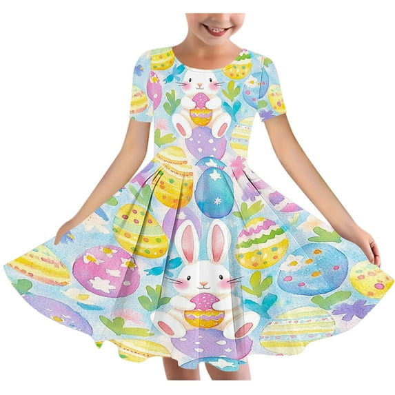 Riecok Easter Floral Ballet Dress for Girls 4-14 Years Spring Short Sleeve Round Neck Party Outfit with Ruffled Hem and Butterfly Patterns Multicolor 5-6 Years