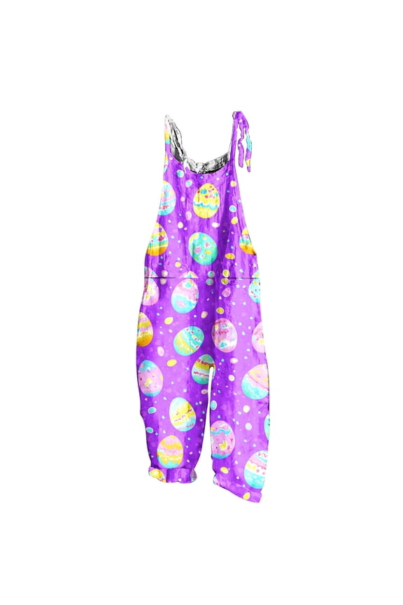 Easter Jumpsuit for Women Sleeveless Adjustable Straps Wide Leg One Piece Linen Trendy Rompers with Pockets