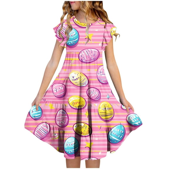 Riecok Easter - Printed Short - Sleeved Round - Neck Summer Dress with Waist - Pocket and Tiered Design for 6 - 15 Year Old Girls Multicolor 10-11 Years
