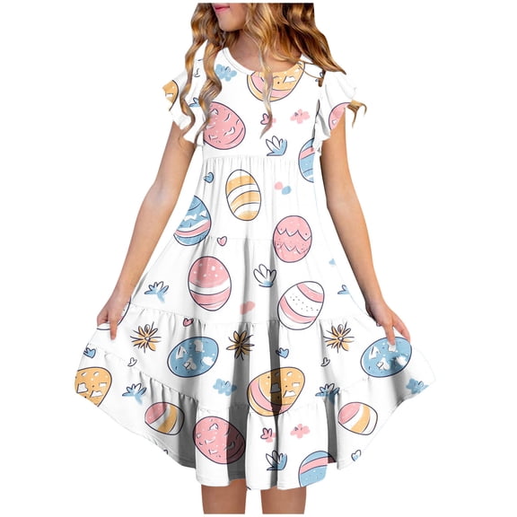 Riecok Easter - Printed Short - Sleeved Round - Neck Summer Dress with Waist - Pocket and Tiered Design for 6 - 15 Year Old Girls Multicolor 12-13 Years