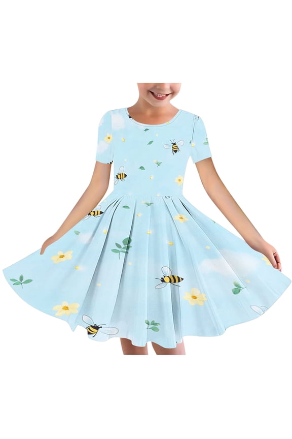 Easter - Printed Short - Sleeved Round - Neck Summer Dress with Waist - Pocket and Tiered Design for 6 - 15 Year Old Girls Multicolor 5-6 Years