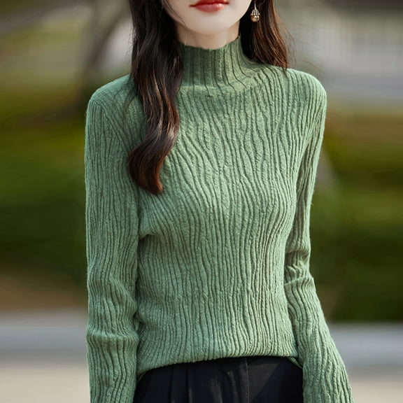 Riecok Fall Sweaters for Women Trendy Long Sleeves Crewneck Solid Color Oversized Fall and Winter All-match Casual Fashion Knit Tops Sweaters Green XL