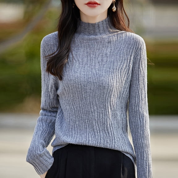 Riecok Fall Sweaters for Women Trendy Long Sleeves Crewneck Solid Color Oversized Fall and Winter All-match Casual Fashion Knit Tops Sweaters Gray XL