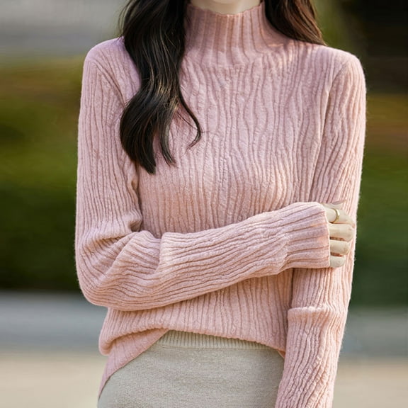 Riecok Fall Sweaters for Women Trendy Long Sleeves Crewneck Solid Color Oversized Fall and Winter All-match Casual Fashion Knit Tops Sweaters Pink L