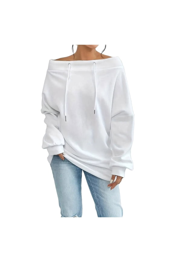 Fall Sweatshirts for Women Boat Neck Drawstring Tops Solid Color Long Sleeve Blouses Baggy Casual Clothes