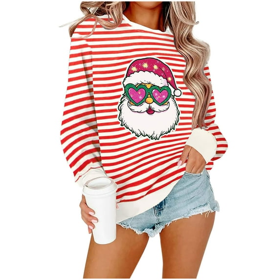 Riecok Fall Sweatshirts for Women Christmas Crewneck Long Sleeve Pullover Tops Santa Claus Print Baggy Fashion Clothes