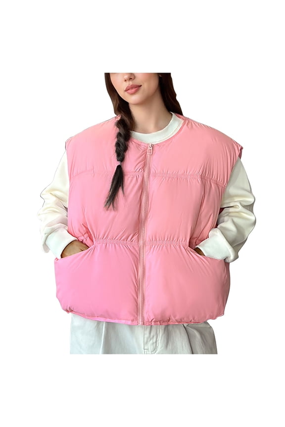 Fall Vests for Women Crweneck Sleeveless Jackets Zip up Cropped Coats with Pockets Casual Outerwear