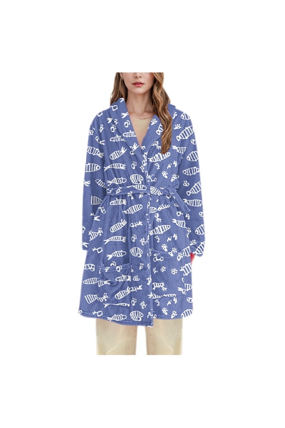 Flannel Robes for Women Cozy Plush Long Sleeve Warm Bathrobe with Front Pockets and Tie Closure Winter Housecoat Dark Blue L