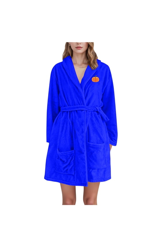 Flannel Robes for Women Halloween Cozy Soft Long Sleeve Warm Bathrobe with Front Pockets and Tie Closure Causal Loungewear Sleepwear Blue L