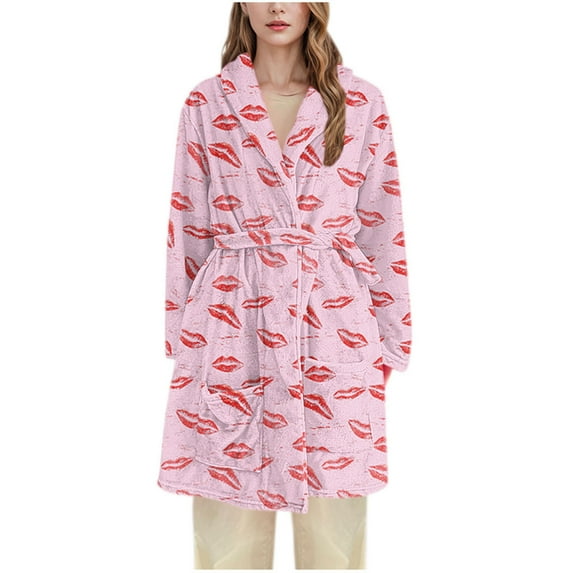 Riecok Flannel Robes for Women Plus Size Cozy Plush Long Sleeve Warm Bathrobe with Front Pockets and Tie Closure Casual Housecoat Pink 2XL