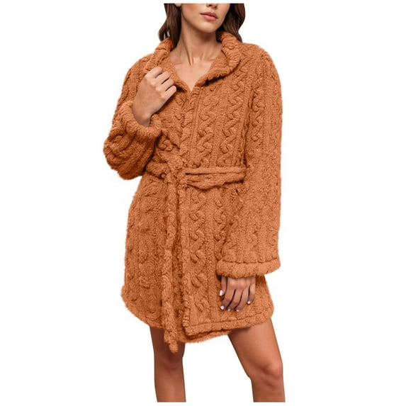Riecok Fleece Bathrobes for Women Solid Color Collared Long Sleeve Loungewear Lightweight Loose Sleepwear