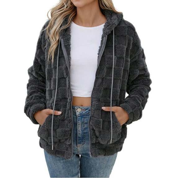 Riecok Fleece Jacket Women Long Sleeve Hooded Jackets Zip Up Fuzzy Coats with Pockets Solid Color Casual Outerwear
