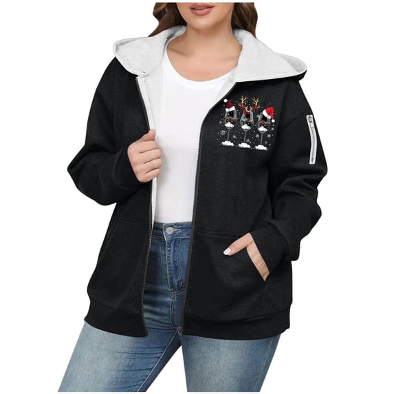 Riecok Fleece Jacket Women Plus Size Christmas Long Sleeve Hooded Jackets Zip Up Coats with Pockets Stylish Warm Outerwear