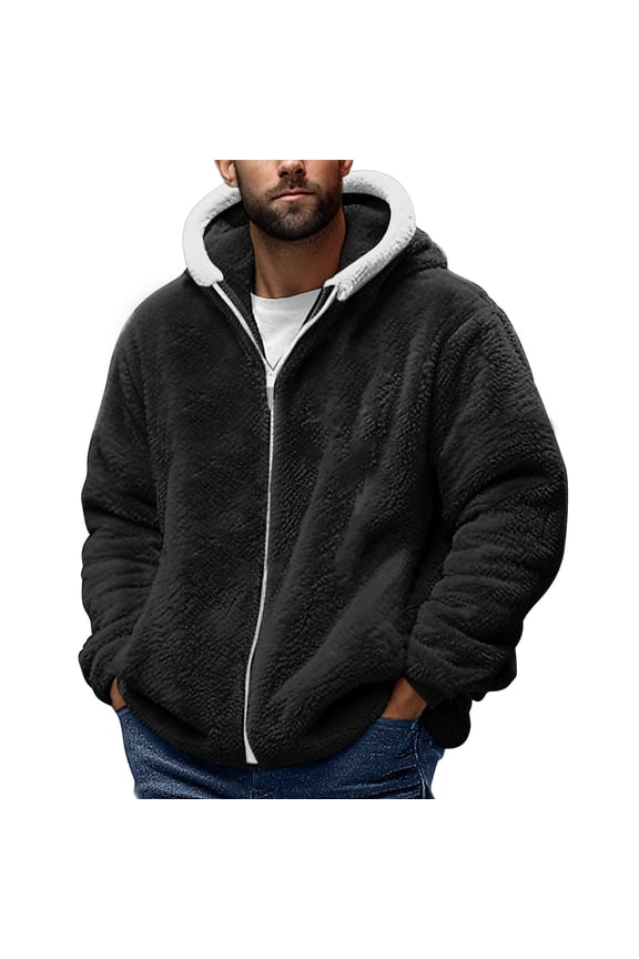 Fleece Jacket for Men Long Sleeve Hooded Jackets Fuzzy Zip Up Coats Solid Comfortable Winter Outetwear