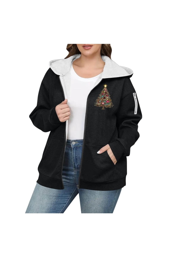 Fleece Lined Jacket Women Christmas Long Sleeve Hooded Jackets Zip Up Coats with Pockets Baggy Cozy Clothes