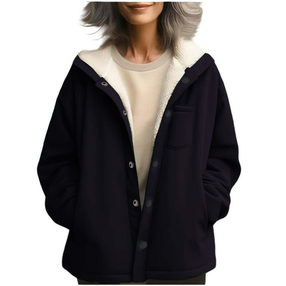 Riecok Fleece Lined Jacket Women Long Sleeve Hooded Jackets Button Down Coats with Pockets Solid Color Baggy Warm Clothes
