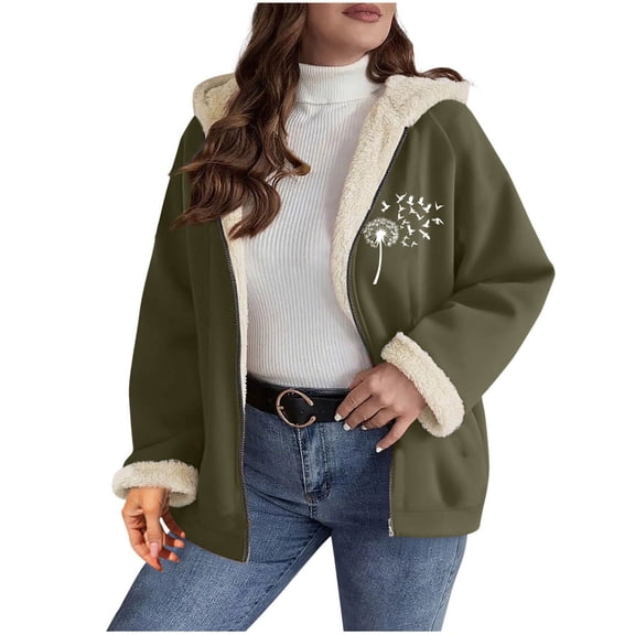 Riecok Fleece Lined Jacket Women Long Sleeve Hooded Jackets Zip Up Baggy Coats with Pockets Casual Stylish Outerwear