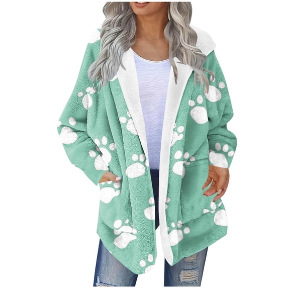 Riecok Fleece Lined Jacket Women Long Sleeve Hooded Jackets Zip Up Coats with Pockets Cute Printed Trendy Warm Clothes