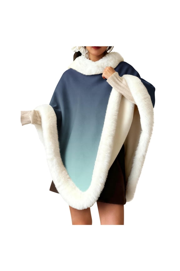 Fleece Shawl Wraps for Women Collared Gradient Fuzzy Cape Elegant Thick Warm Pullover Coats for Holiday Party
