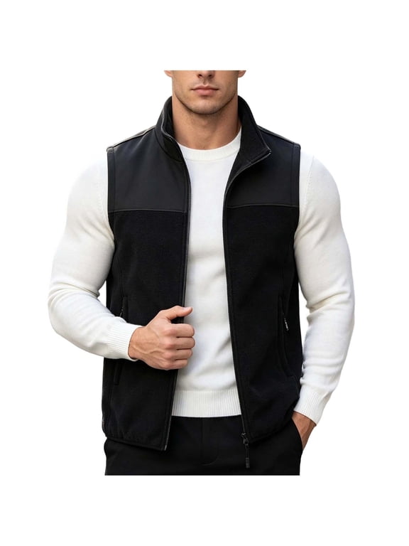 Fleece Vest for Men with Pockets Sleeveless Stand Collar Zip up Jackets Thermal Solid Warm Casual Outerwear Black L