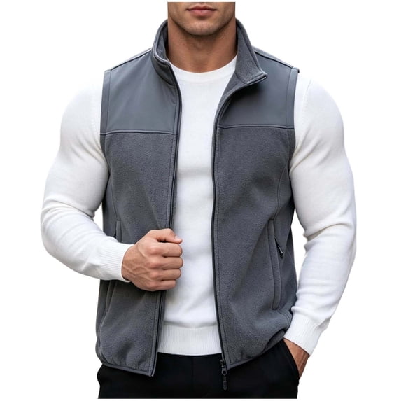 Riecok Fleece Vest for Men with Pockets Sleeveless Stand Collar Zip up Jackets Thermal Solid Warm Casual Outerwear Dark Gray XL