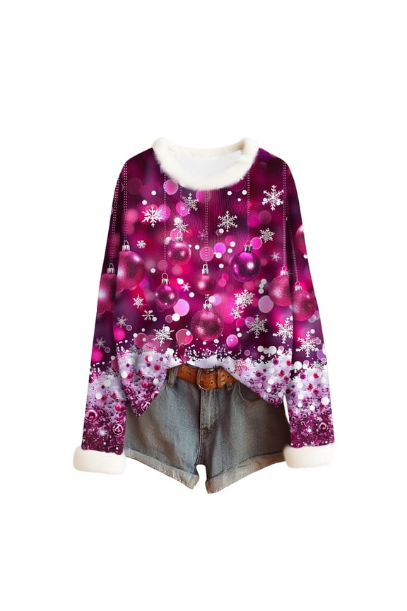 Fleece Womens Long Sleeve Shirt Christmas Fuzzy Crewneck Tops Snowflake Print Ribbed Blouses Casual Trendy Clothes