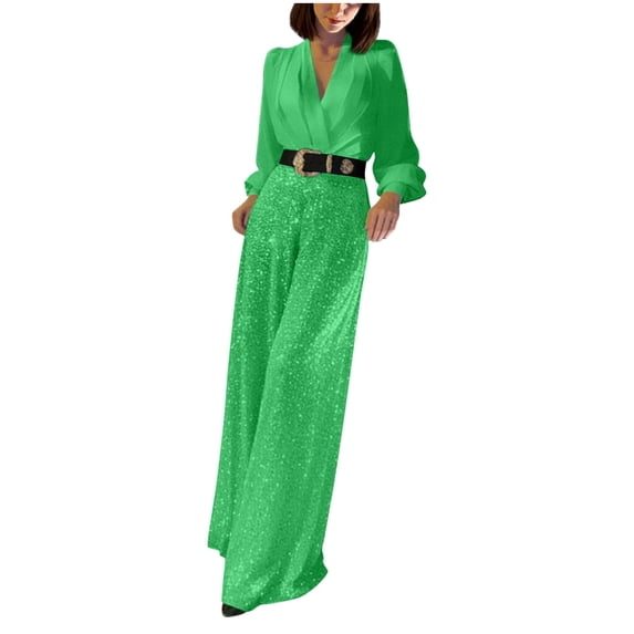 Riecok Formal Jumpsuits for Women Long Sleeve V Neck Wide Leg One Piece Rompers Sequin Trendy Business Outfits